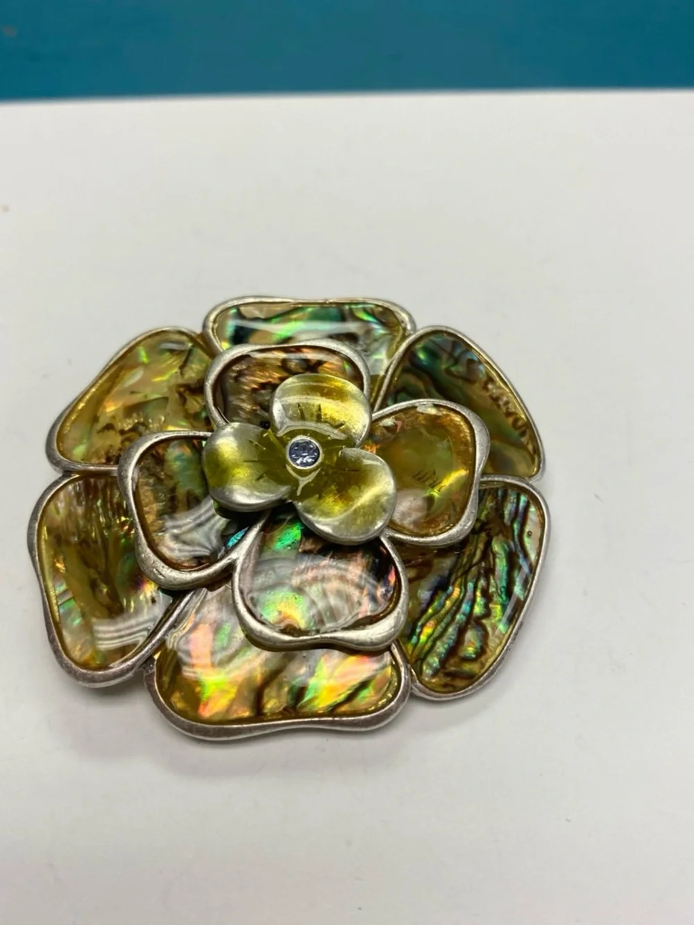 Abalone Shell Flower Brooch with Rhinestone Center